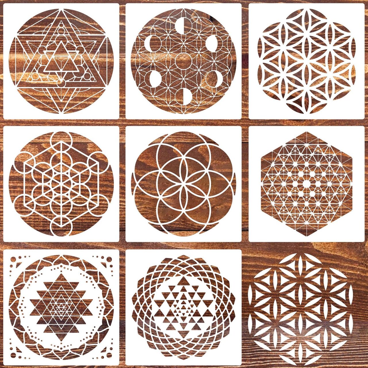 8 Pack Sacred Geometry Stencils (8x8 Inch) – Reusable Metatron’s Cube, Flower of Life & Sri Yantra Templates for Painting on Wall, Canvas, Paper & DIY Crafts
